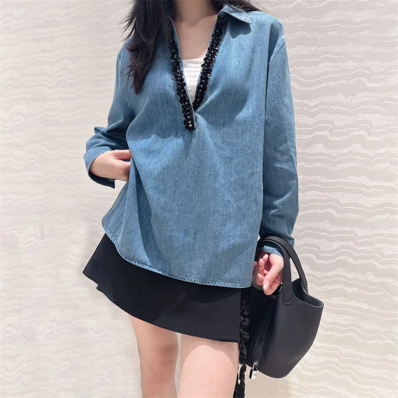 Women shirts New handmade beaded sequin V-neck long sleeved top for summer 2024 Vintage pure cotton Women's blouse Denim shirt
Women shirts New handmade beaded sequin V-neck long sleeved top for summer 2024 Vintage pure cotton Women's blouse Denim shirt