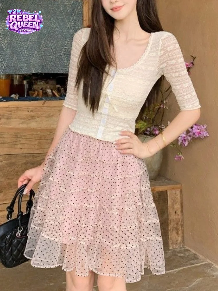 Vintage Coquette Women 2 Piece Set Lace Square Neck Half Sleeve Crop Top + Polka Dot Midi Skirt Slim Fit High Waist Daily Wear
Vintage Coquette Women 2 Piece Set Lace Square Neck Half Sleeve Crop Top + Polka Dot Midi Skirt Slim Fit High Waist Daily Wear