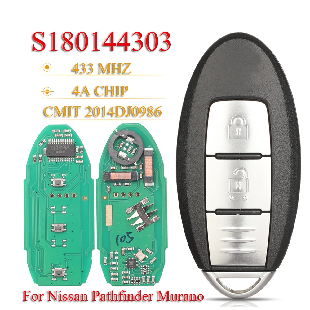 jingyuqin 2Buttons Proximity Smart Key Fob 433MHz ID4A Chip Fccid:2014DJ0986/S180144303 For Nissan Pathfinder Murano 2015-2018
jingyuqin 2Buttons Proximity Smart Key Fob 433MHz ID4A Chip Fccid:2014DJ0986/S180144303 For Nissan Pathfinder Murano 2015-2018
