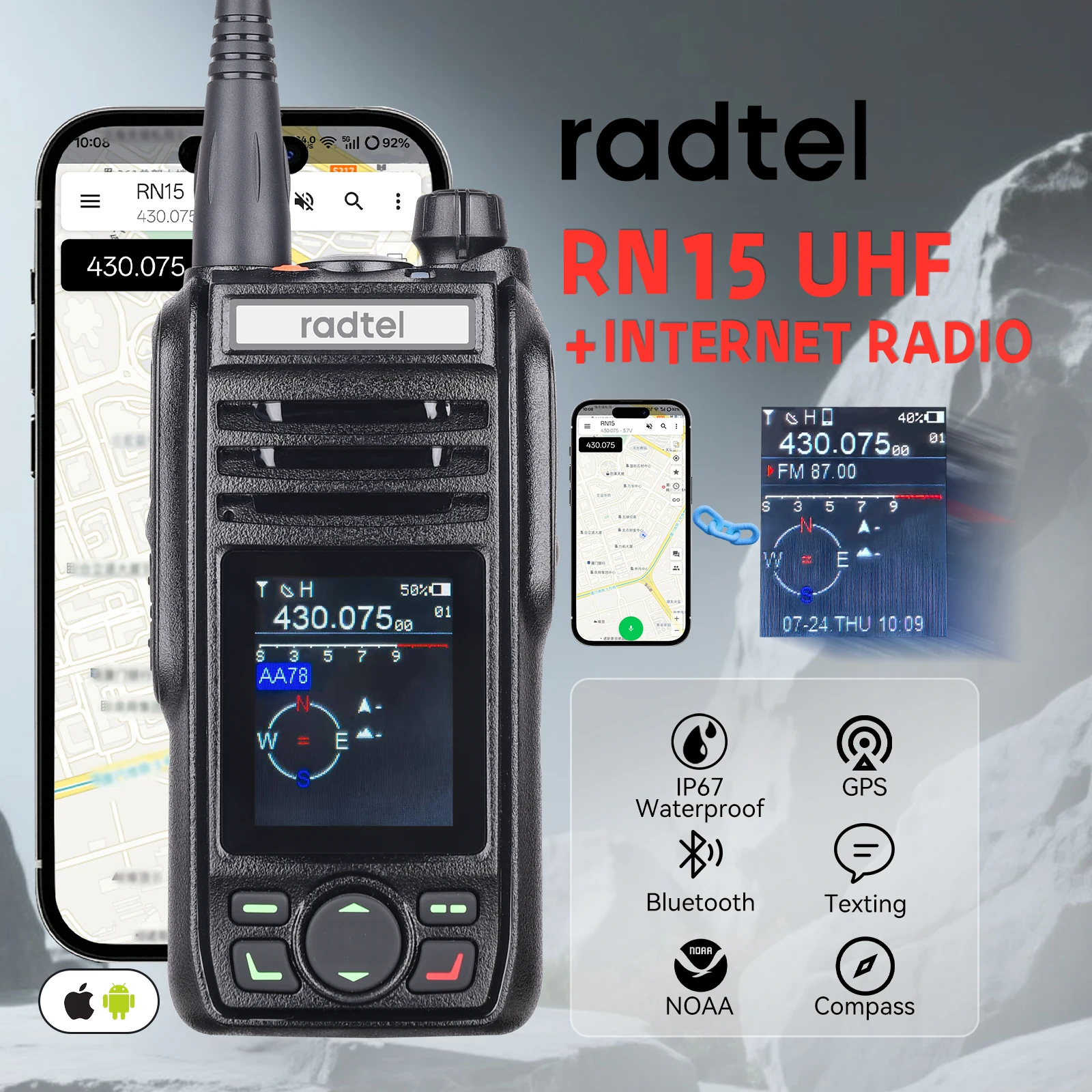 Radtel RN15 5W Long Range UHF Walkie Talkie IP67 Waterproof GPS Bluetooth App Programming Texting Compass 5000 Miles Off-Grid
Radtel RN15 5W Long Range UHF Walkie Talkie IP67 Waterproof GPS Bluetooth App Programming Texting Compass 5000 Miles Off-Grid