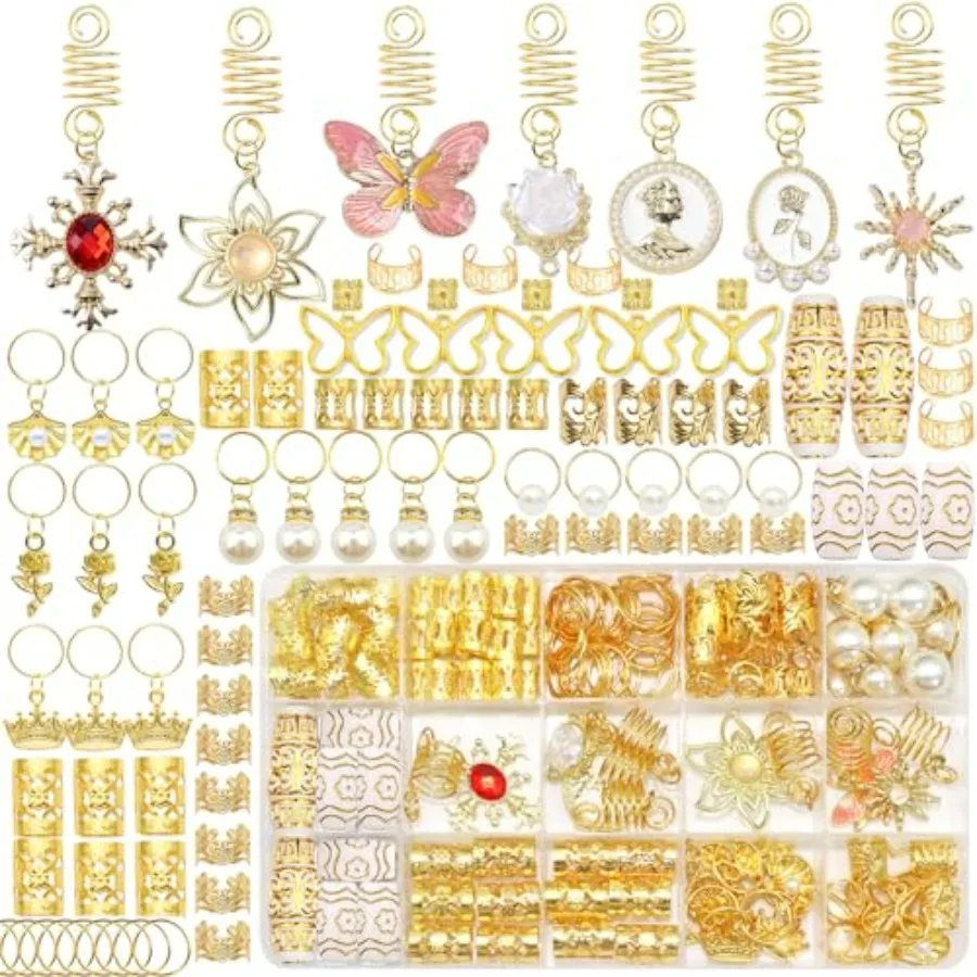 146PCS Gold Hair Jewelry for Braids Butterfly Braid Clips Locs Dreadlock Hair Cuffs Rings Braid Decoration for Women
146PCS Gold Hair Jewelry for Braids Butterfly Braid Clips Locs Dreadlock Hair Cuffs Rings Braid Decoration for Women
