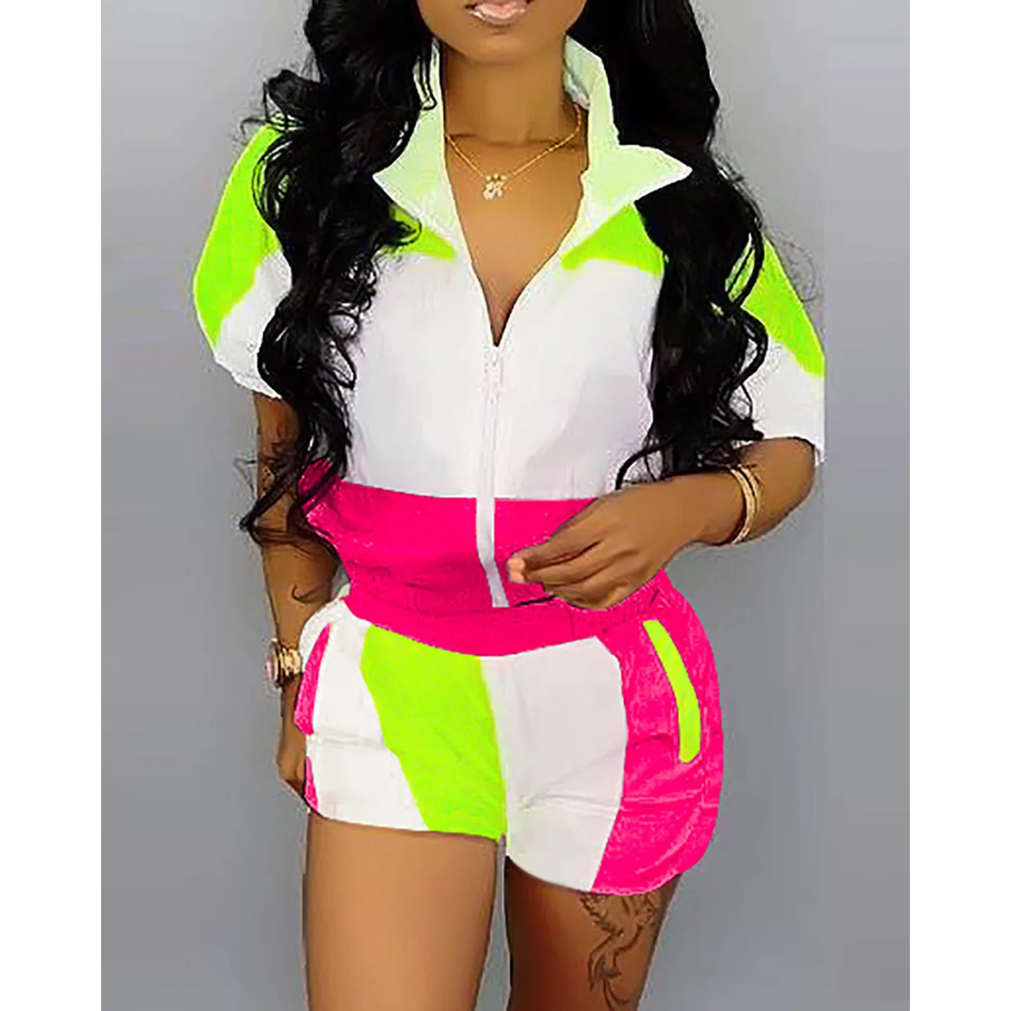 Color Block Short Sleeve Short Set Zipper Design Top Pocket Shorts for Women Fashionable Ensemble Polyester Winter Season
Color Block Short Sleeve Short Set Zipper Design Top Pocket Shorts for Women Fashionable Ensemble Polyester Winter Season