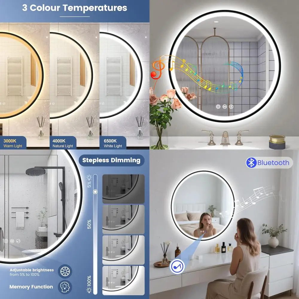 24 настенных светодиодных зеркала для ванной комнаты с Bluetooth-динамиком, противотуманным покрытием, 3-цветная яркость с регулируемой яркостью, водонепроницаемость, спереди и подсветка.
24 настенных светодиодных зеркала для ванной комнаты с Bluetooth-динамиком, противотуманным покрытием, 3-цветная яркость с регулируемой яркостью, водонепроницаемость, спереди и подсветка.