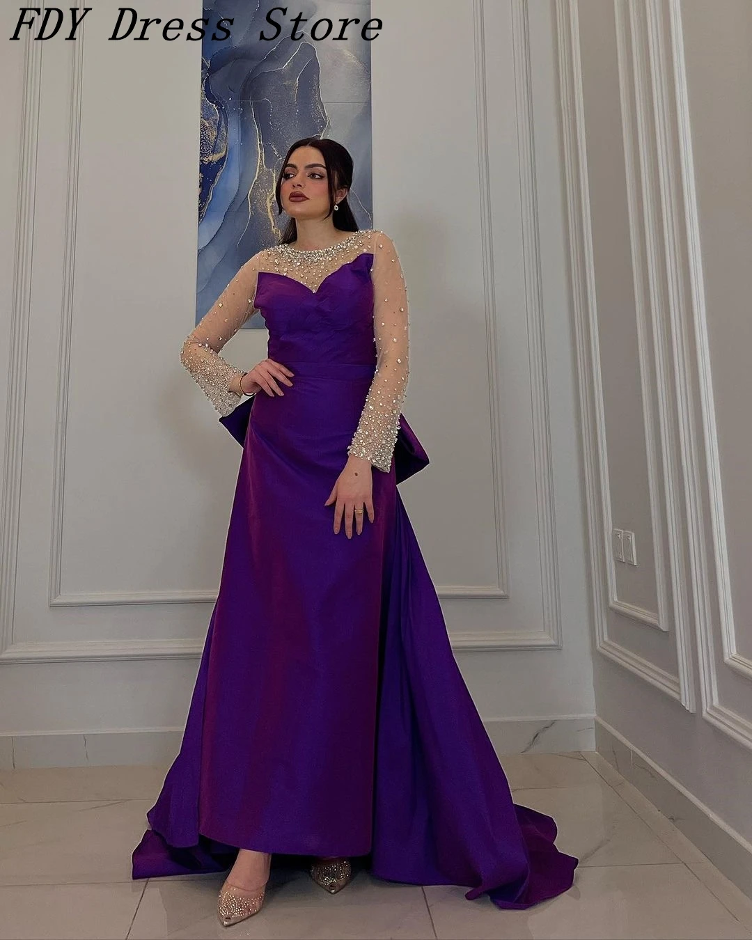 Vintage Mermaid Evening Dresses Long Sleeves O-Neck Crystals Beadings Prom Dresses Ankle Length Formal Party Dresses with Bow
Vintage Mermaid Evening Dresses Long Sleeves O-Neck Crystals Beadings Prom Dresses Ankle Length Formal Party Dresses with Bow