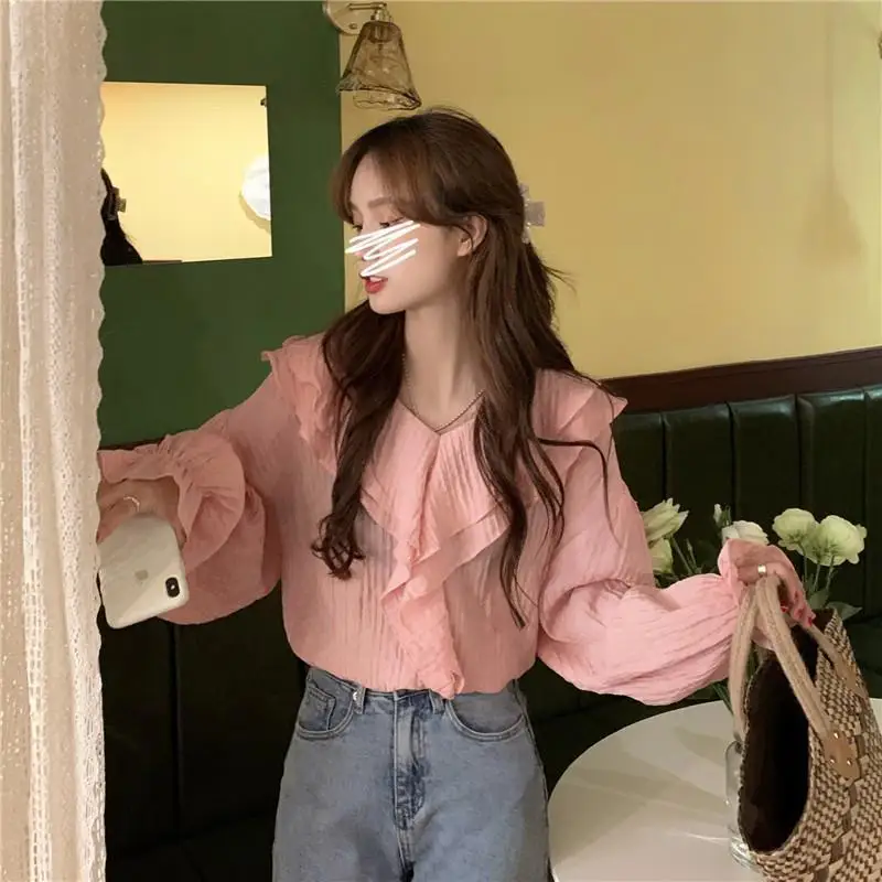 Korean Version Top with Gentle Spring and Summer Style Ruffled V-neck Long Sleeved Chiffon Shirt for Women
Korean Version Top with Gentle Spring and Summer Style Ruffled V-neck Long Sleeved Chiffon Shirt for Women