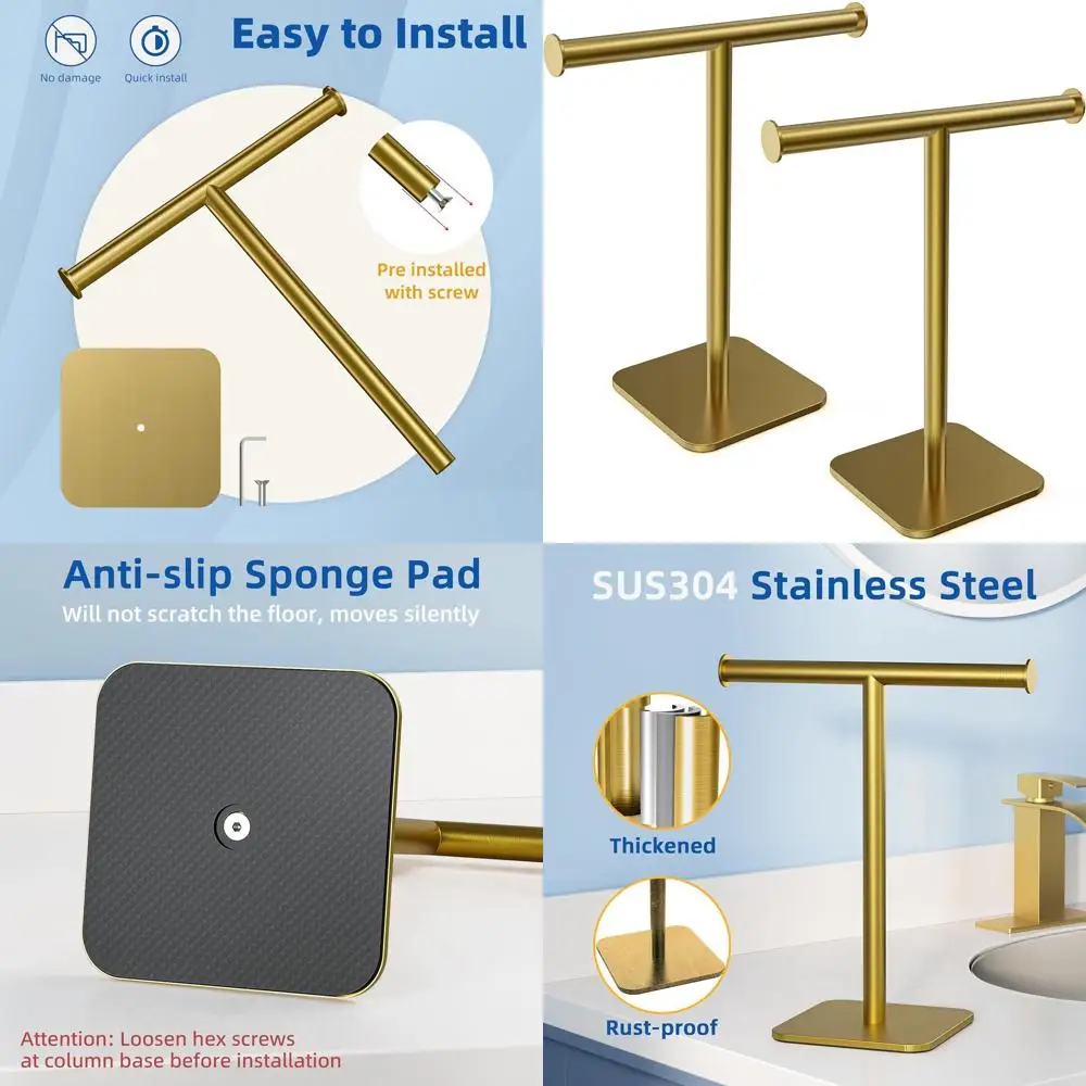 Stainless Steel T-Shaped Towel Stand, Heavy Duty Countertop Holder for Bathroom and Kitchen, Brushed Gold, 2-Pack
Stainless Steel T-Shaped Towel Stand, Heavy Duty Countertop Holder for Bathroom and Kitchen, Brushed Gold, 2-Pack