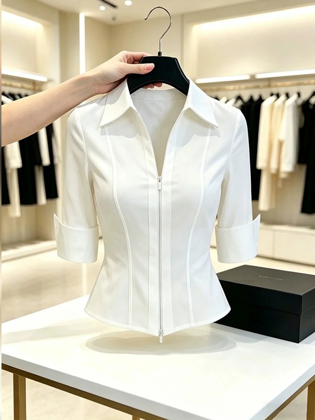 Fashionable Commute Style Shirt Stand Collar Zipper Design Unique Youthful Top for Women Straight Cut Five Sleeve Korean Version
Fashionable Commute Style Shirt Stand Collar Zipper Design Unique Youthful Top for Women Straight Cut Five Sleeve Korean Version
