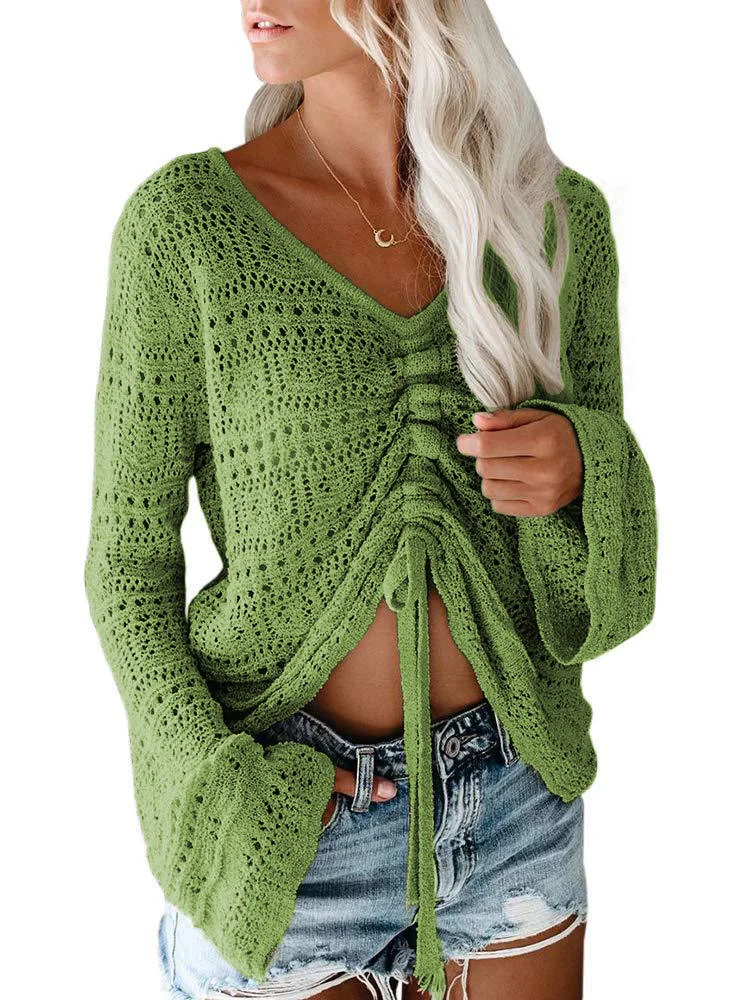 High QualityFashion Off Shoulder Hollow Sexy Shirt Drawstring Knitted Sweaters Summer Women Pullovers Long Flare Sleeve Clothing
High QualityFashion Off Shoulder Hollow Sexy Shirt Drawstring Knitted Sweaters Summer Women Pullovers Long Flare Sleeve Clothing