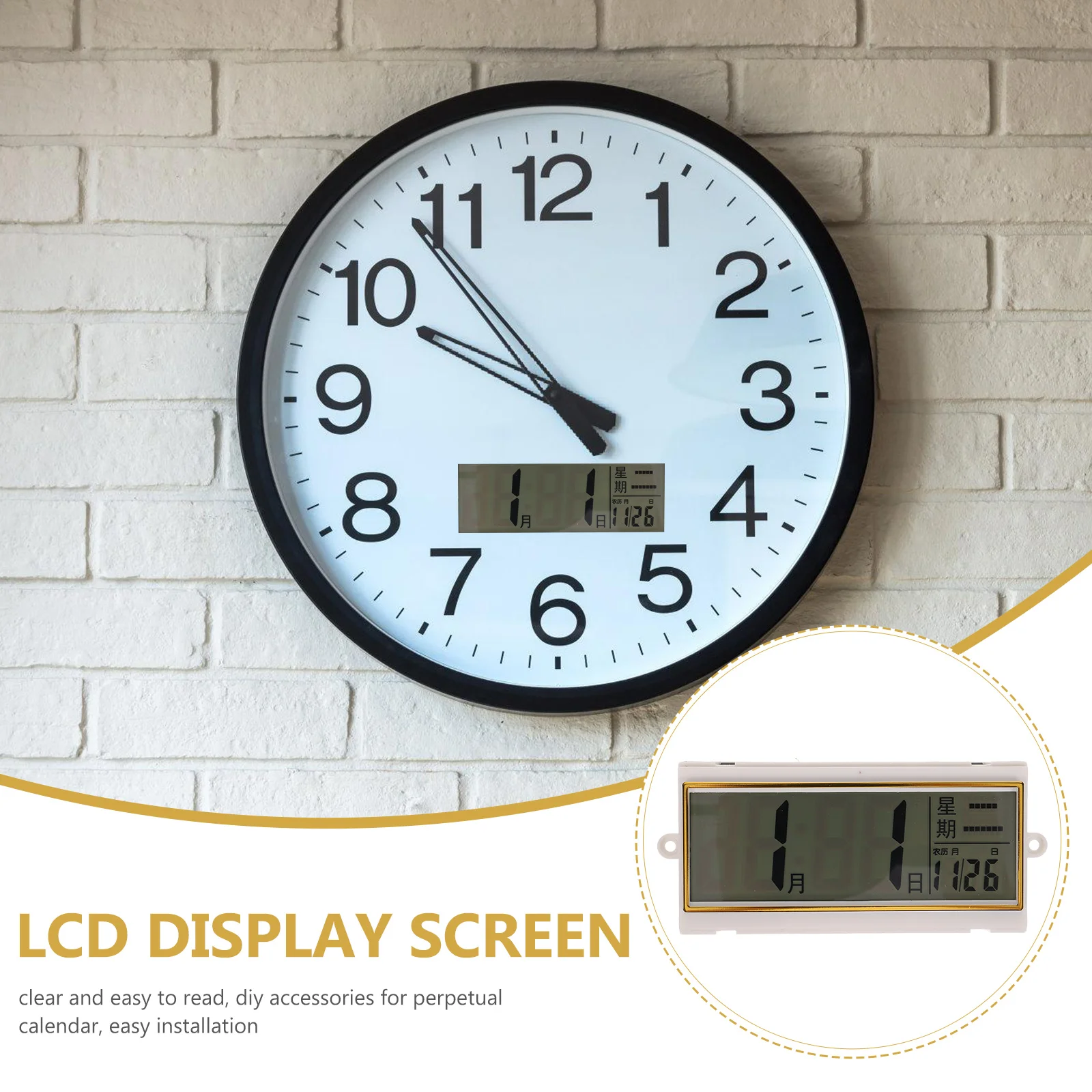 LCD Screen Wall Clock 110x55mm DIY Perpetual Calendar Digital Lunar Temperature Display Modern Home Office Decor
LCD Screen Wall Clock 110x55mm DIY Perpetual Calendar Digital Lunar Temperature Display Modern Home Office Decor