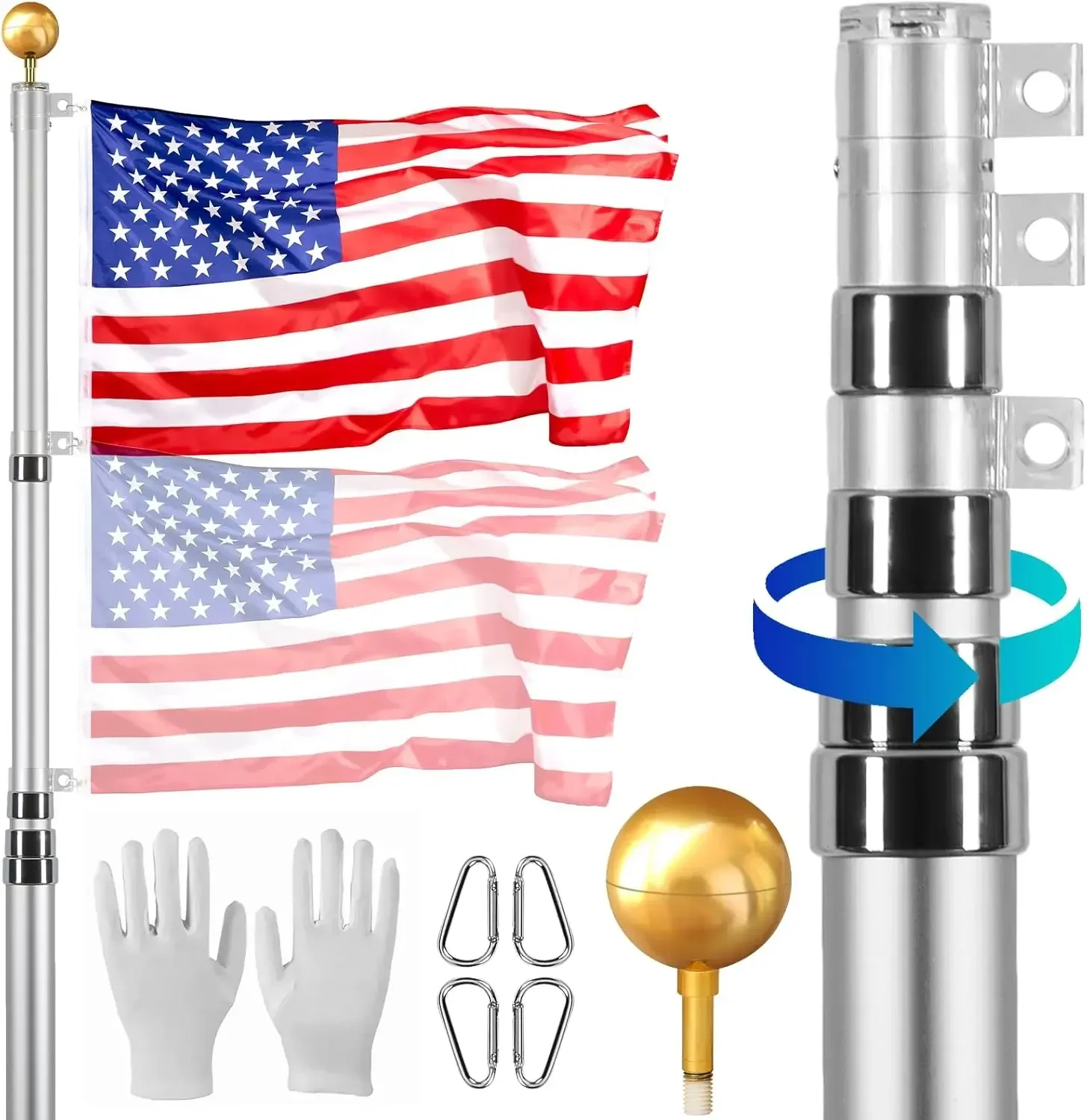 20FT Telescoping Flag Pole Kit, Heavy Duty Aluminum Alloy in Ground Flag Polesn 3 Display Modes Flagpole with 3x5 American Flag
20FT Telescoping Flag Pole Kit, Heavy Duty Aluminum Alloy in Ground Flag Polesn 3 Display Modes Flagpole with 3x5 American Flag