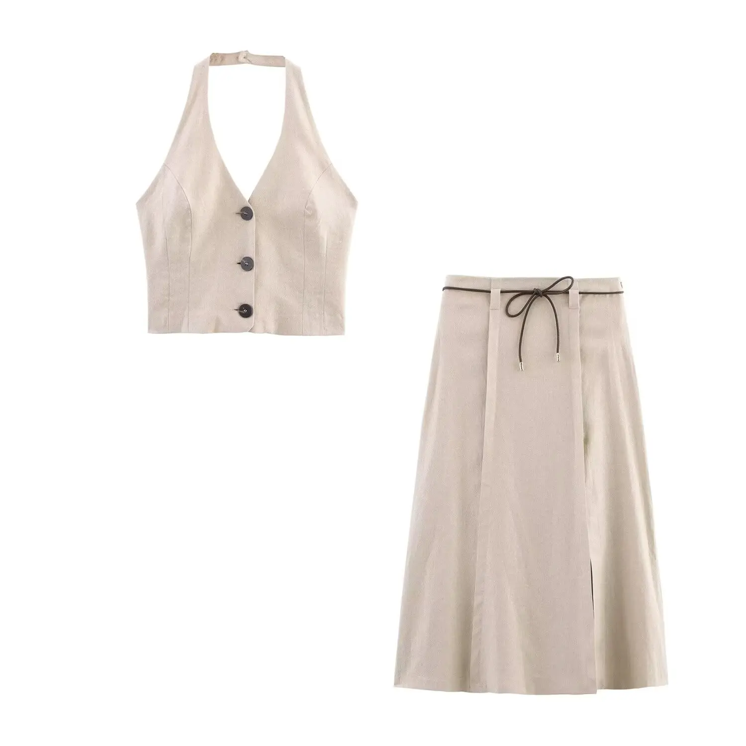 Women's new fashion short single breasted linen blend hanging neck top retro backless women's vest chic top+Skirts Women's suit
Women's new fashion short single breasted linen blend hanging neck top retro backless women's vest chic top+Skirts Women's suit