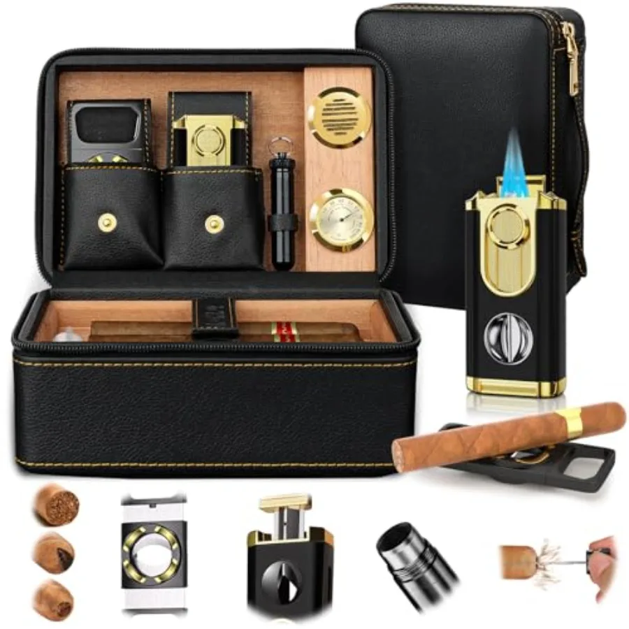 Travel Cigar Humidor Set 2-Layer Design and CedarWood Lined with Cigar Lighter Built-in V CutterandHolder Cigar Cutter Draw Enh
Travel Cigar Humidor Set 2-Layer Design and CedarWood Lined with Cigar Lighter Built-in V CutterandHolder Cigar Cutter Draw Enh
