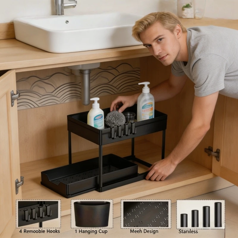 Home Household Bathroom Kitchen Use 2 Tier Sliding Under Sink Organizer with Hooks Hanging Cup
Home Household Bathroom Kitchen Use 2 Tier Sliding Under Sink Organizer with Hooks Hanging Cup