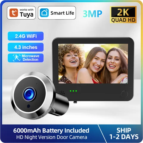 Danmini Tuya Smart Cat Eye Door Security Camera 3MP 4.3 Inch Screen 2K Wireless Door Digital Peephole 6000mAh Battery PIR Motion