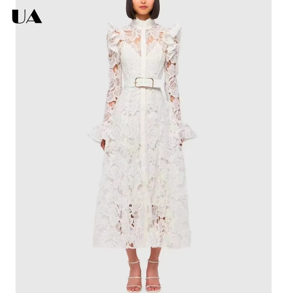 Trendy Lace A-line Hollow Out Dresses for Women Elegant Embroidered Turtleneck Long Dress Fashionable Ruffled Sleeve Solid Dress
Trendy Lace A-line Hollow Out Dresses for Women Elegant Embroidered Turtleneck Long Dress Fashionable Ruffled Sleeve Solid Dress