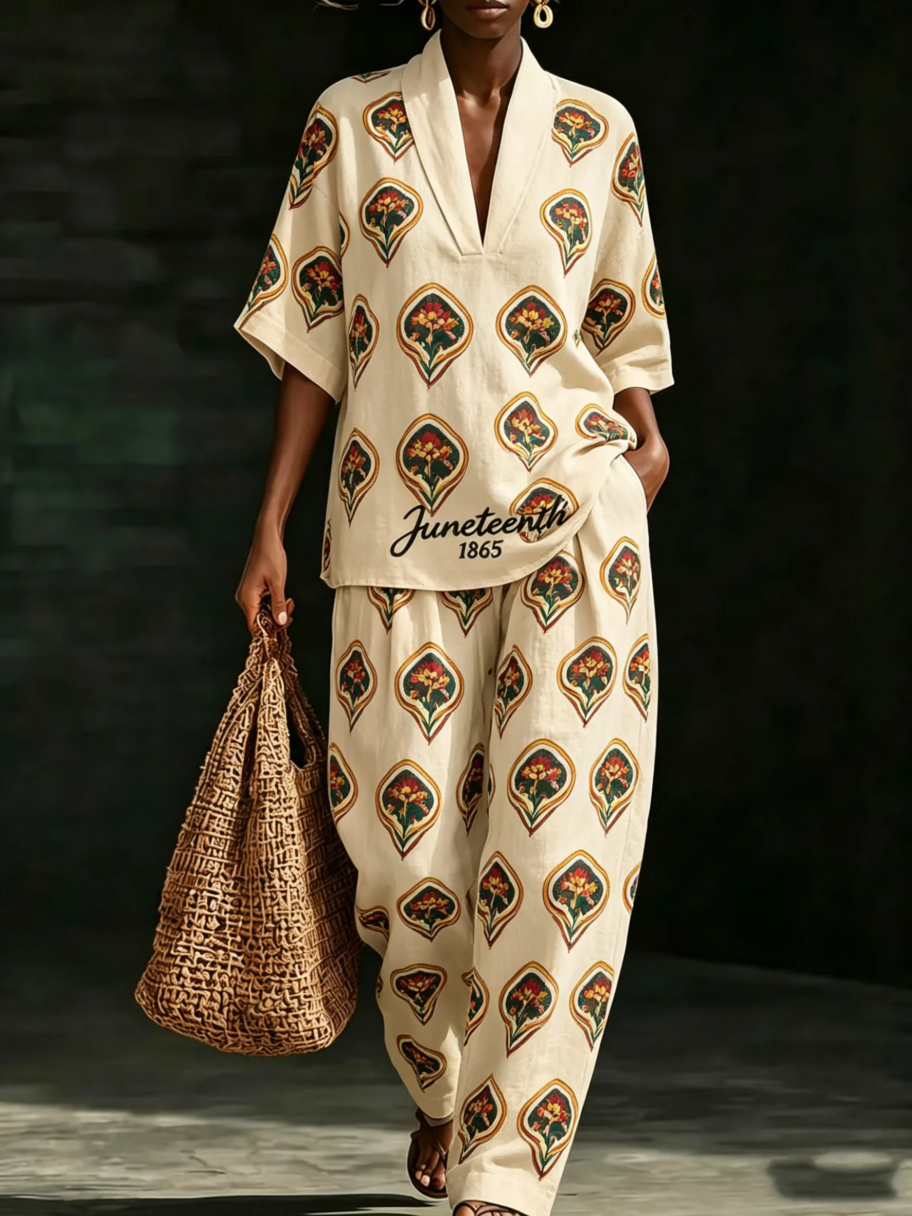 Women's Ethnic Floral Print Two Piece Set Short Sleeve V-Neck Top & Wide Leg Pants Casual Loungewear Streetwear Summer Outfit
Women's Ethnic Floral Print Two Piece Set Short Sleeve V-Neck Top & Wide Leg Pants Casual Loungewear Streetwear Summer Outfit