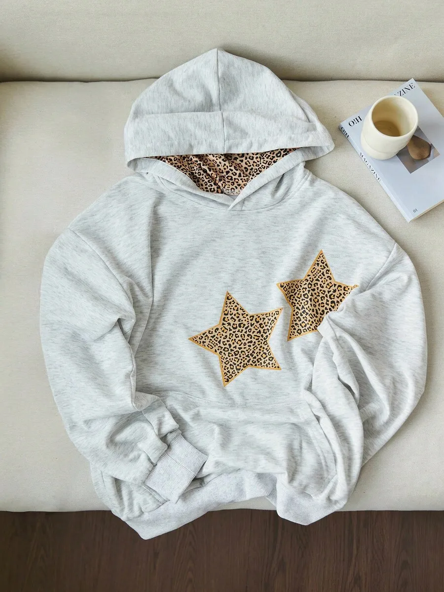 Women's Gray Hoodie with Leopard Print Star Appliqués and Lined Hood
Women's Gray Hoodie with Leopard Print Star Appliqués and Lined Hood