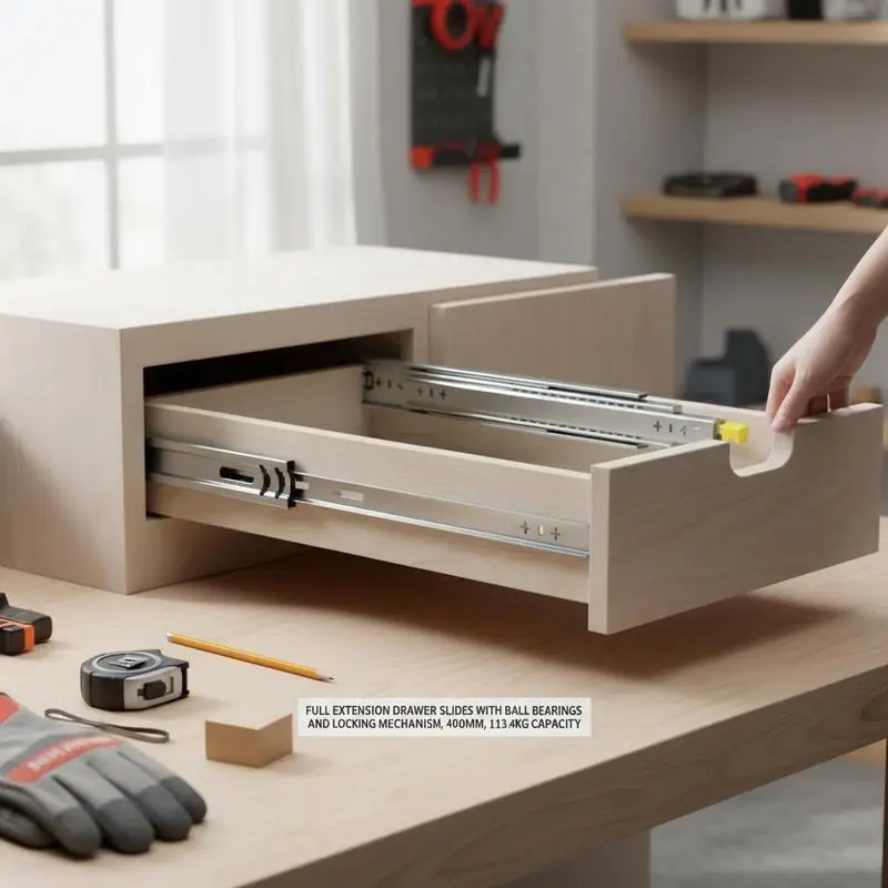 Heavy Duty Drawer Slides 16inch, 1 Pair Locking Drawer Slides 250lbs Load Capacity, Side Mount Ball Bearing, 3-Fold Full Extension
Heavy Duty Drawer Slides 16inch, 1 Pair Locking Drawer Slides 250lbs Load Capacity, Side Mount Ball Bearing, 3-Fold Full Extension
