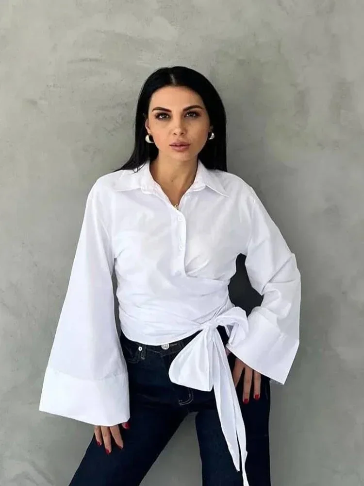 Women Casual Solid Lace-up Loose Shirt Lapel Bell Sleeves Single Breasted Cropped Blouse 2026 Fashion Spring Lady Commute Shirts
Women Casual Solid Lace-up Loose Shirt Lapel Bell Sleeves Single Breasted Cropped Blouse 2026 Fashion Spring Lady Commute Shirts