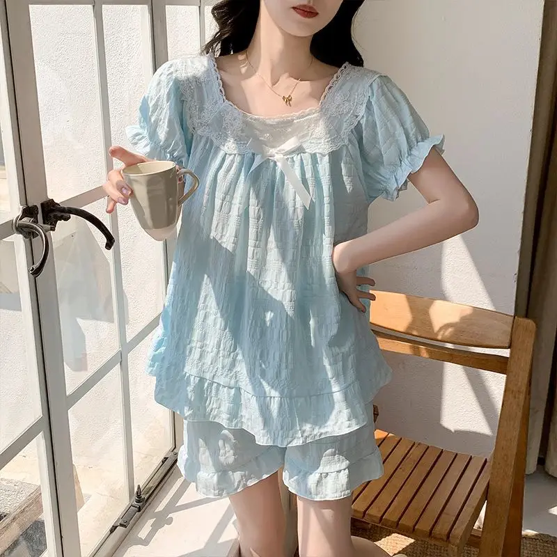 Cloud Cotton Pajamas Women's Summer French Court Style Sleepwear Short-sleeved Shorts Pjs Set Korean Girl Summer Loungewear Set
Cloud Cotton Pajamas Women's Summer French Court Style Sleepwear Short-sleeved Shorts Pjs Set Korean Girl Summer Loungewear Set
