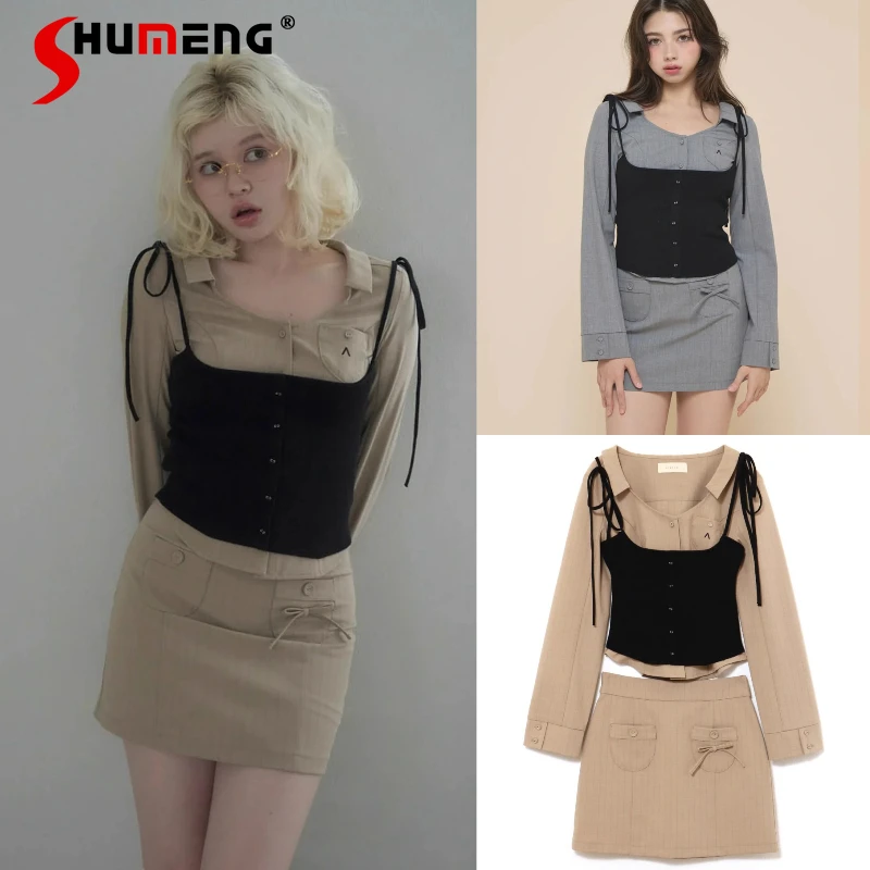 Autumn New Long Sleeves Turn-Down Collar Shirt Knitted Camisoles Two-Piece Set Japanese Blouse Half Skirt Three-Piece Outfits 
Autumn New Long Sleeves Turn-Down Collar Shirt Knitted Camisoles Two-Piece Set Japanese Blouse Half Skirt Three-Piece Outfits