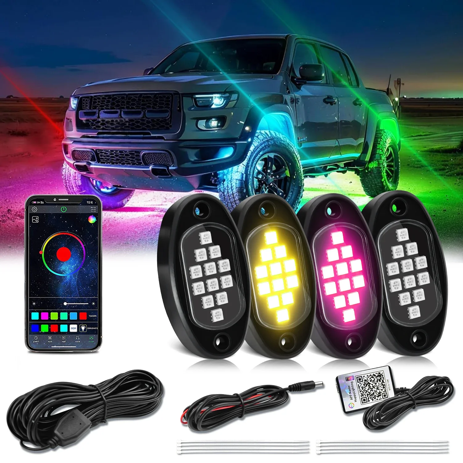 RGB LED Rock Lights, Multifunction Neon Underglow Waterproof Light With APP Control Multicolor Lights For ATV UTV SUV-A06U
RGB LED Rock Lights, Multifunction Neon Underglow Waterproof Light With APP Control Multicolor Lights For ATV UTV SUV-A06U