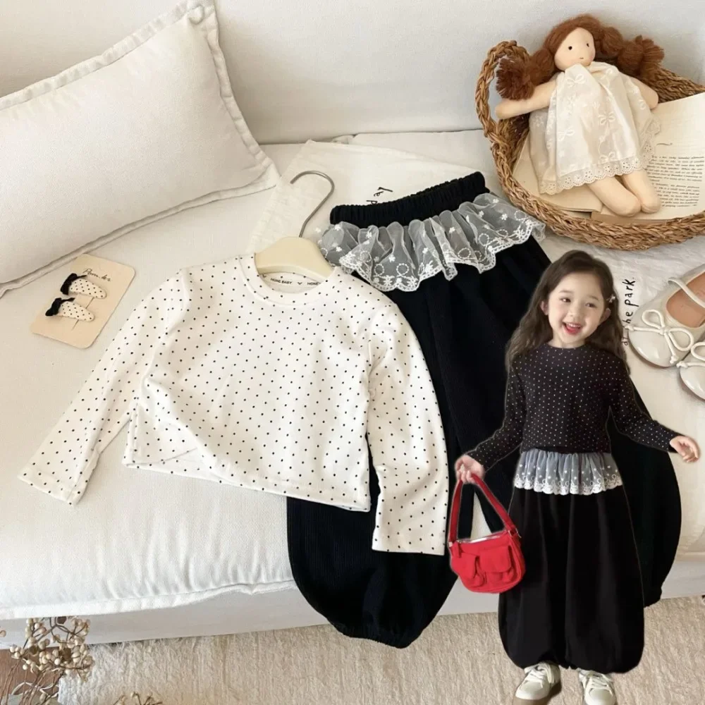 Autumn Fashion Two-piece Set Sweet and Cute Girls' Clothing with Polka Dot Printed Long Sleeved Top and Lace Patchwork Pants
Autumn Fashion Two-piece Set Sweet and Cute Girls' Clothing with Polka Dot Printed Long Sleeved Top and Lace Patchwork Pants