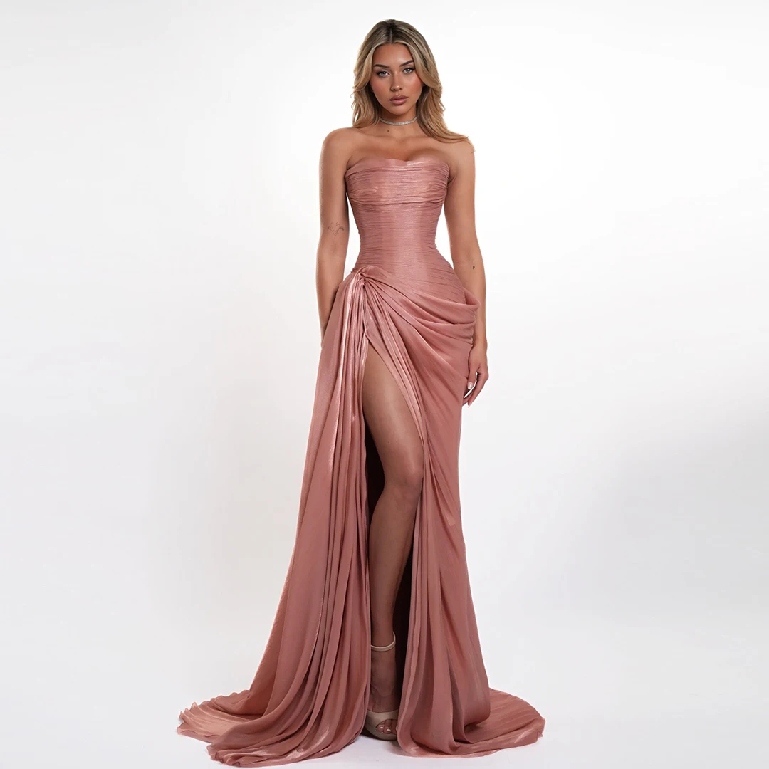 Dusty Rose Pleated Satin Strapless Mermaid Evening Gown Women High Slit Lace-up Back Long Formal Dresses with Train Prom Dress
Dusty Rose Pleated Satin Strapless Mermaid Evening Gown Women High Slit Lace-up Back Long Formal Dresses with Train Prom Dress
