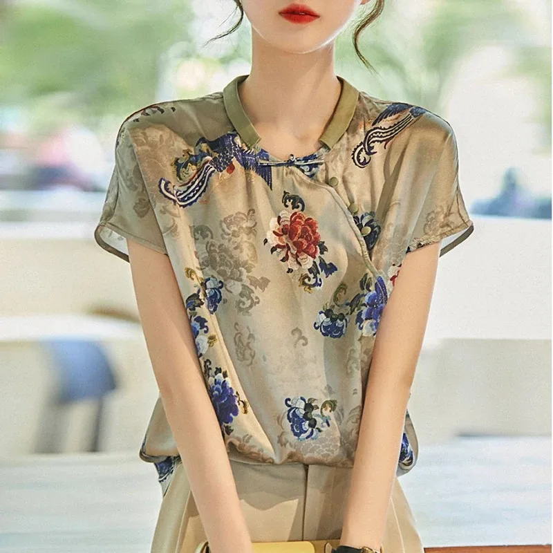 Chinese Style Cheongsam Bias Placket Plate Button Women's Blouse Summer Imitation Mulberry Silk Printed Liberally Short Sleeves
Chinese Style Cheongsam Bias Placket Plate Button Women's Blouse Summer Imitation Mulberry Silk Printed Liberally Short Sleeves