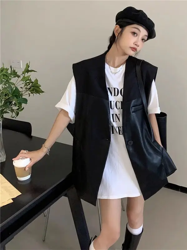 Pu Vest Medium Long Style Spring And Autumn Thin Style Women's Fashion V-neck Loose Casual Suit Splicing Sleeveless Jacket
Pu Vest Medium Long Style Spring And Autumn Thin Style Women's Fashion V-neck Loose Casual Suit Splicing Sleeveless Jacket