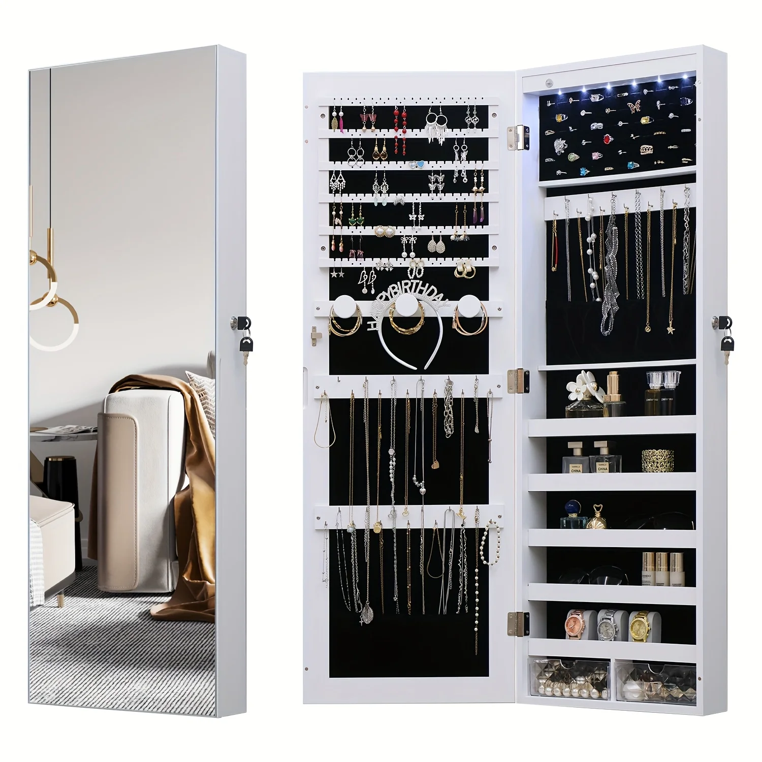 Christmas Gift for Her Jewelry Armoire Cabinet, Mirror LED Jewelry Cabinet Wall Or Door Mounted Full-Length Lockable Mirror Jewe
Christmas Gift for Her Jewelry Armoire Cabinet, Mirror LED Jewelry Cabinet Wall Or Door Mounted Full-Length Lockable Mirror Jewe