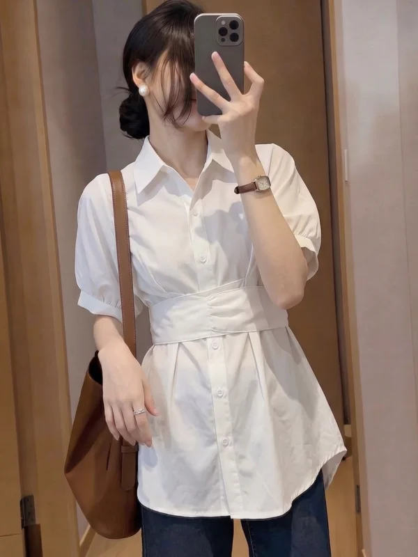 Elegant V-Neck Short Sleeve Shirt Women's plus Size Midi Length Waist-Cinching Top Korean Style Commute Fashion Spring Summer
Elegant V-Neck Short Sleeve Shirt Women's plus Size Midi Length Waist-Cinching Top Korean Style Commute Fashion Spring Summer