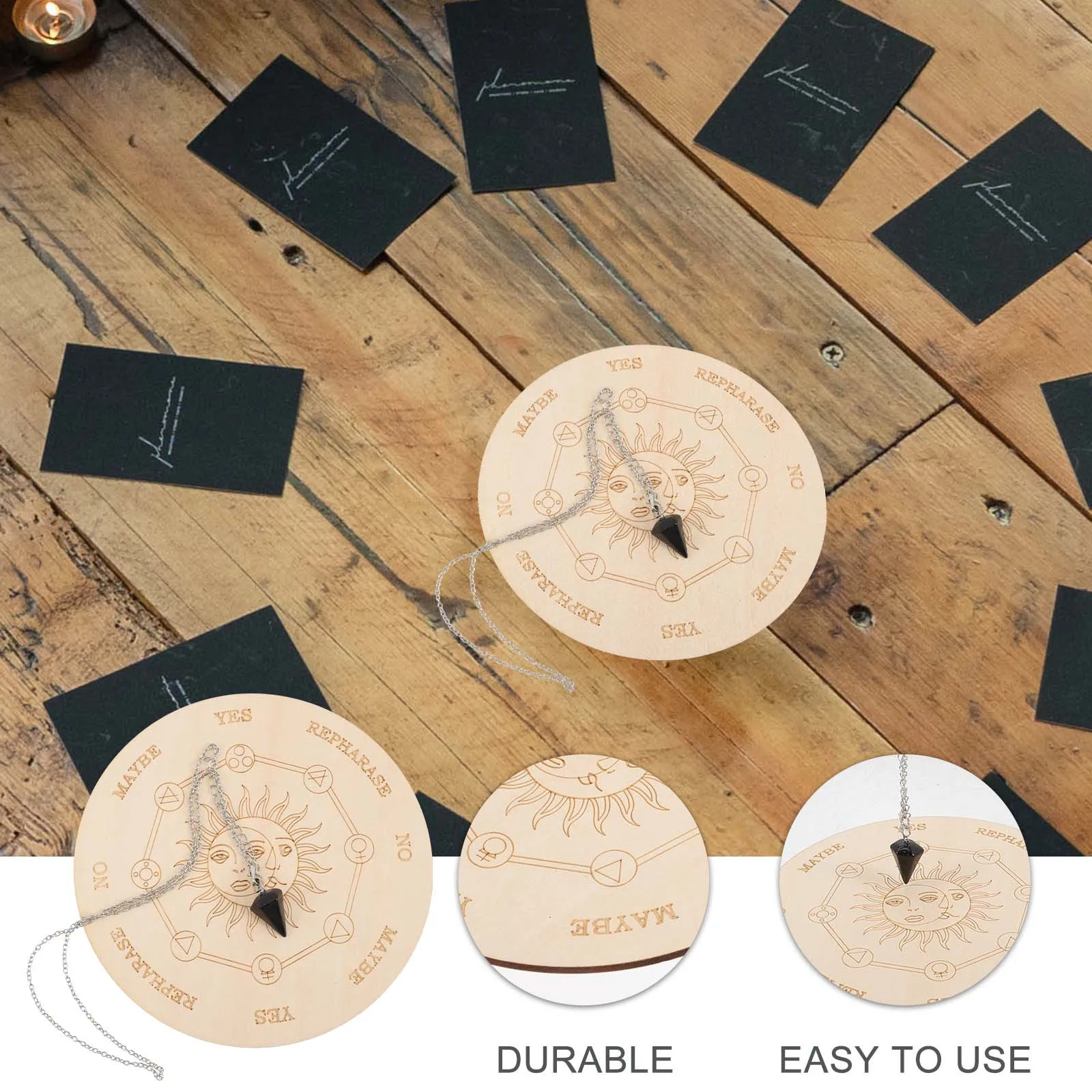 1Set Wooden Pendulum Board Durable Wood Altar Board Design Divination Dowsing Necklace Witchcraft Supplies
1Set Wooden Pendulum Board Durable Wood Altar Board Design Divination Dowsing Necklace Witchcraft Supplies