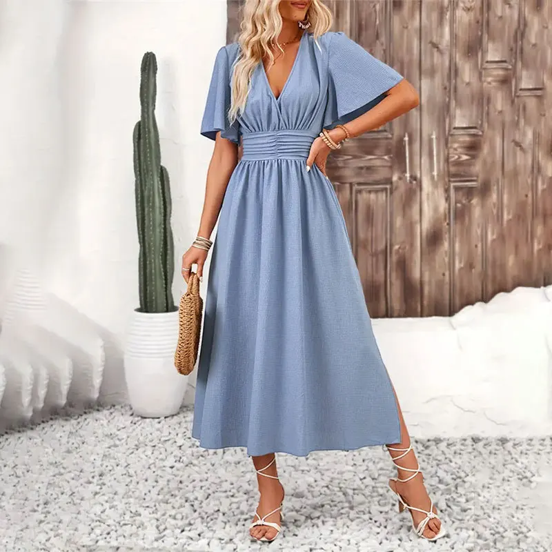 2025 Spring/Summer V-neck ruffle sleeve fashionable dress for women, elegant slim fit over knee split dress vest for women
2025 Spring/Summer V-neck ruffle sleeve fashionable dress for women, elegant slim fit over knee split dress vest for women