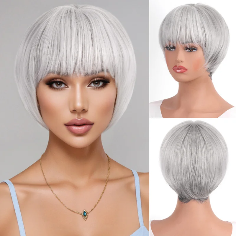 Fashionable women's short hair BOBO wig, stylish smoky gray mushroom head with straight bangs, bob hairstyle for cosplay
Fashionable women's short hair BOBO wig, stylish smoky gray mushroom head with straight bangs, bob hairstyle for cosplay