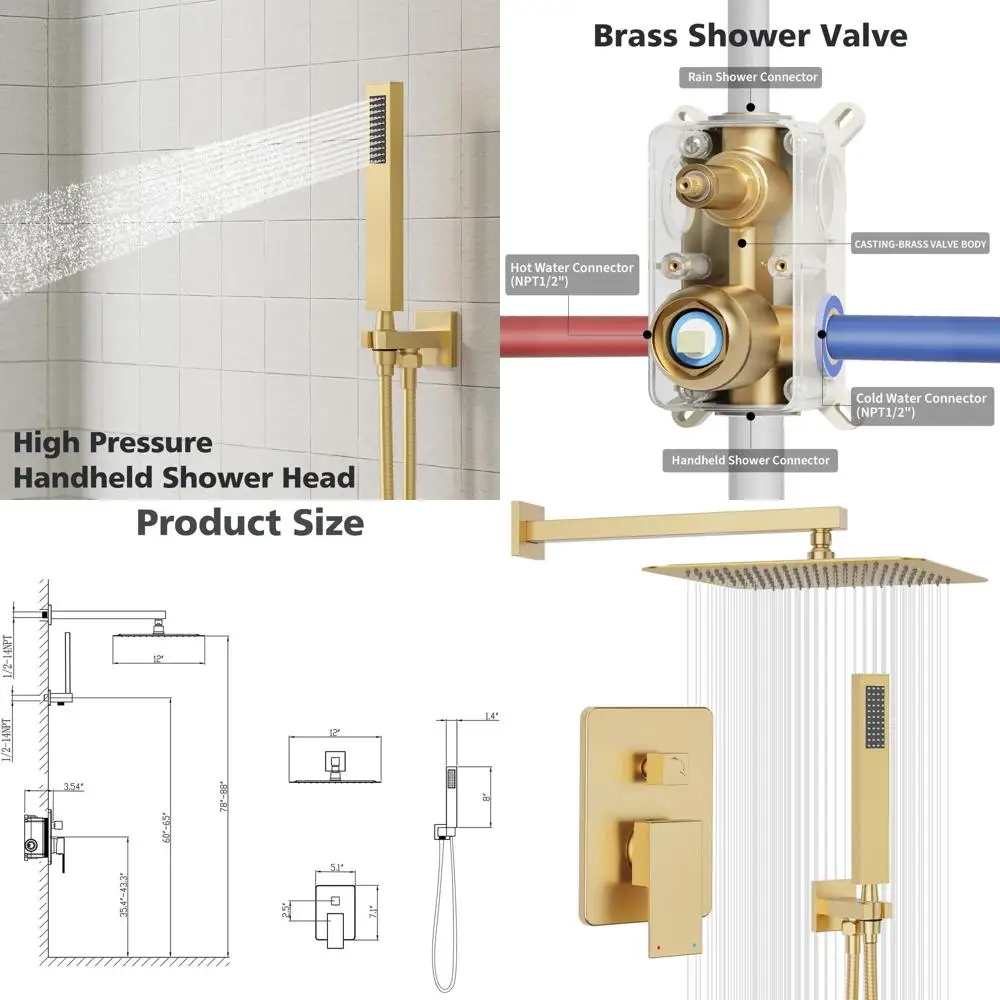 12 Brushed Gold Rain Shower System with High-Pressure Head and Handheld Spray, 2-Way Valve Included
12 Brushed Gold Rain Shower System with High-Pressure Head and Handheld Spray, 2-Way Valve Included