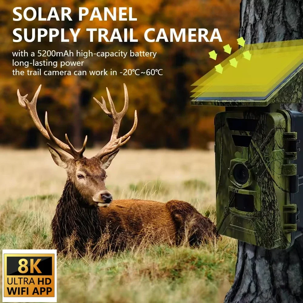 Wireless Solar Panel Integrated WIFI Hunting Camera Main PIR 8K 60MP Night Vision Hunting Camera with 5200mah Lithium Battery
Wireless Solar Panel Integrated WIFI Hunting Camera Main PIR 8K 60MP Night Vision Hunting Camera with 5200mah Lithium Battery