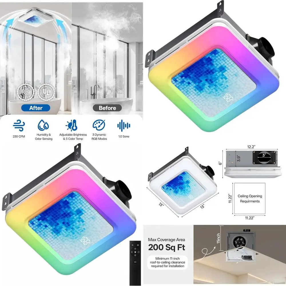230 CM 1.0 Sone Bathroom Exhaust Fan with 3-Light and 3CCT Adjustable Lighting, 11.22” x 11.22” Mount, Remote Control
230 CM 1.0 Sone Bathroom Exhaust Fan with 3-Light and 3CCT Adjustable Lighting, 11.22” x 11.22” Mount, Remote Control