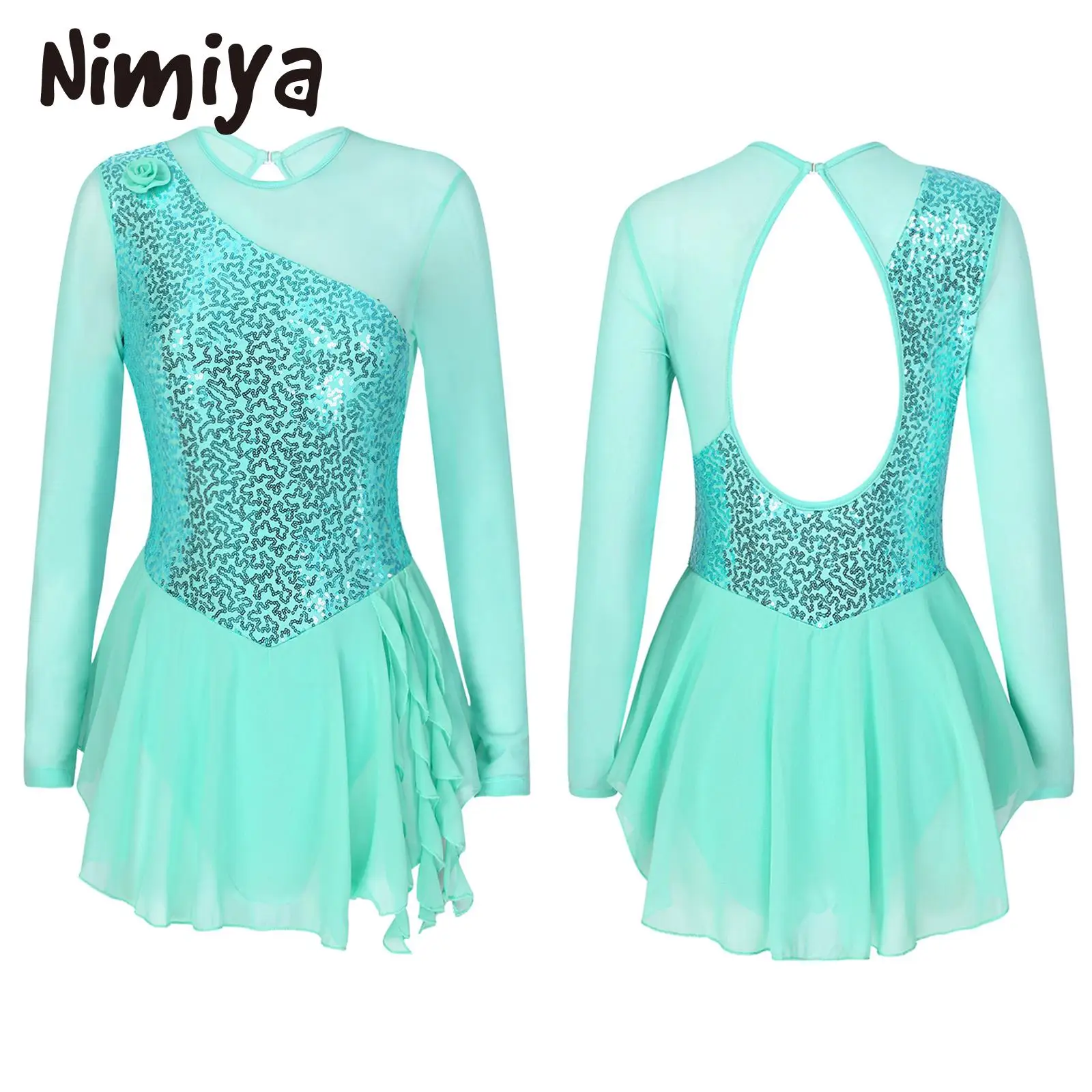 Nimiya Womens Mint Green O-neck Sequins Sheer Mesh Patchwork Chiffon Lyrical Dresses Long Sleeves Figure Skating Mesh Dancewears
Nimiya Womens Mint Green O-neck Sequins Sheer Mesh Patchwork Chiffon Lyrical Dresses Long Sleeves Figure Skating Mesh Dancewears