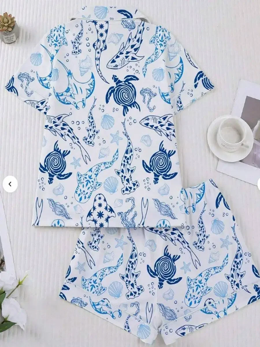 2 Piece Marine Animal Print Women Sleepwear Set Button Up Shirt And Stretch Shorts Summer Casual Pajamas
2 Piece Marine Animal Print Women Sleepwear Set Button Up Shirt And Stretch Shorts Summer Casual Pajamas