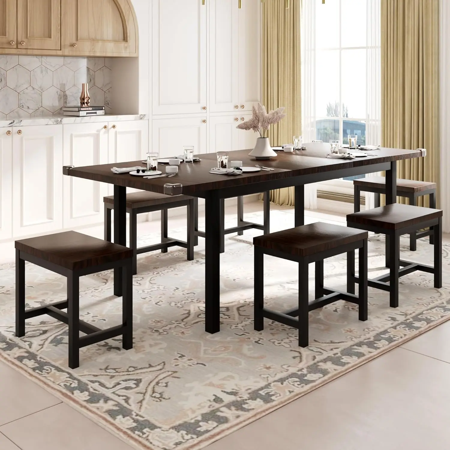 7- Kitchen Table Set with 6 Stools, 63" Large Extendable Dining Table Set for 4-8, Mid-Century Modern Dining Room T
7- Kitchen Table Set with 6 Stools, 63" Large Extendable Dining Table Set for 4-8, Mid-Century Modern Dining Room T