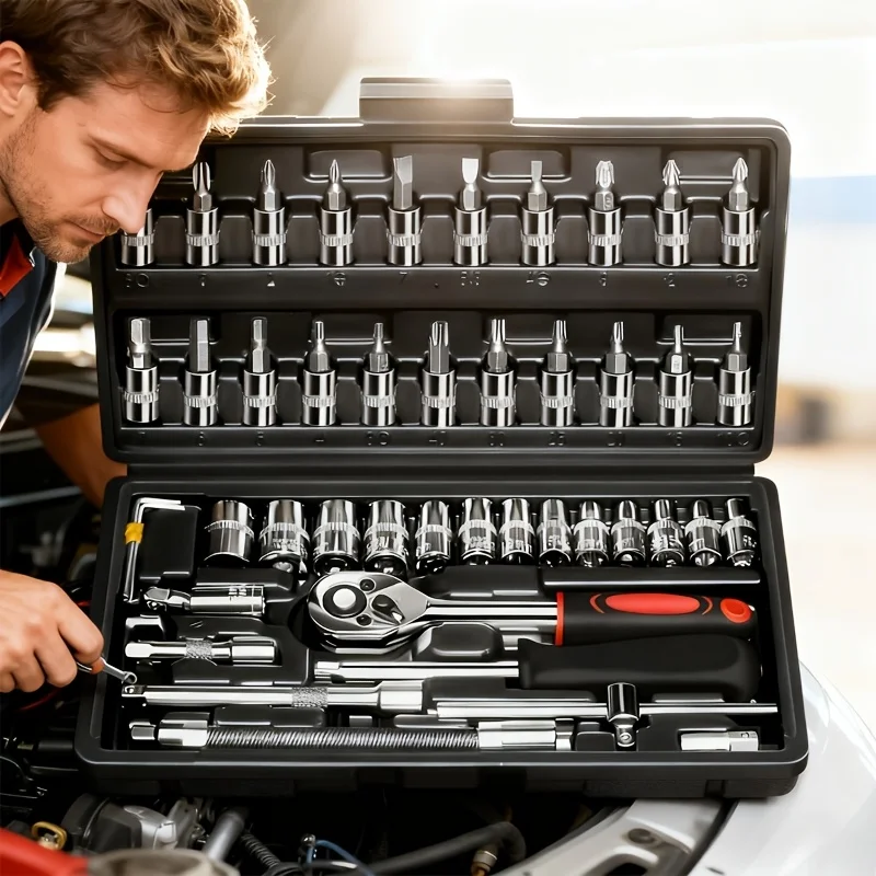 46pcs Heavy-Duty Professional Automotive Repair Tool Set, Including Ratchet Wrench, Sockets, Torque Wrench, Shockproof Toolbox
46pcs Heavy-Duty Professional Automotive Repair Tool Set, Including Ratchet Wrench, Sockets, Torque Wrench, Shockproof Toolbox