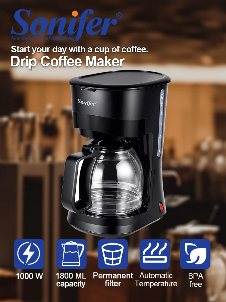 Sonifer SF-3596 Drip Coffee Maker 1.8L 1000W Large Capacity Cafe Machine 12-15 Cups Borosilicate Glass Carafe Permanent Filter
Sonifer SF-3596 Drip Coffee Maker 1.8L 1000W Large Capacity Cafe Machine 12-15 Cups Borosilicate Glass Carafe Permanent Filter