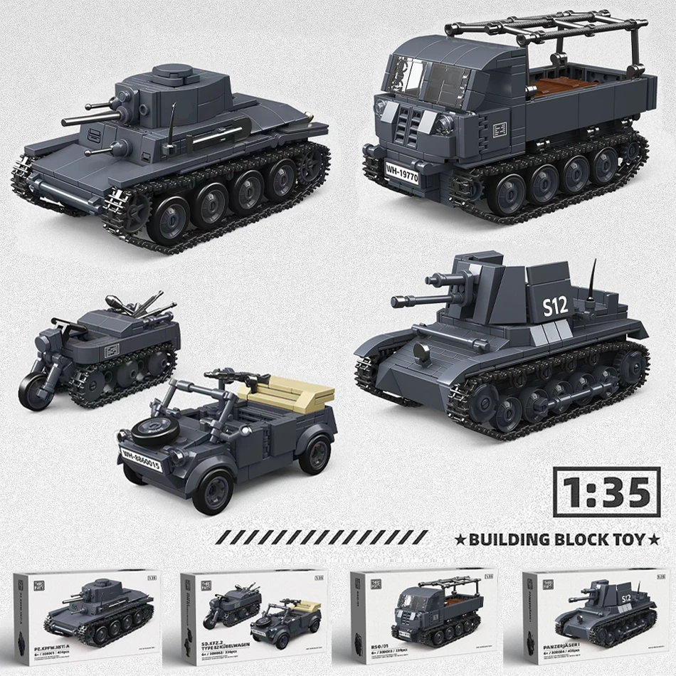 WW2 German Military Panzer 38T Tank RSO Tractor Half-track Motorcycle Type 82 Car Vehicle Building Blocks Bricks Toys Adult Gift
WW2 German Military Panzer 38T Tank RSO Tractor Half-track Motorcycle Type 82 Car Vehicle Building Blocks Bricks Toys Adult Gift