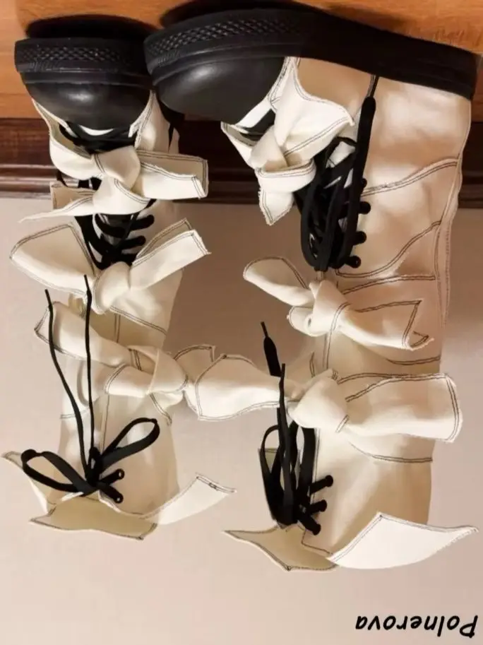 Plaid Butterfly Knot Boots Canvas Platform Cross Tied Thick Soled Lace Up Shoes Winter Fashion High Increase Knee High Boots
Plaid Butterfly Knot Boots Canvas Platform Cross Tied Thick Soled Lace Up Shoes Winter Fashion High Increase Knee High Boots