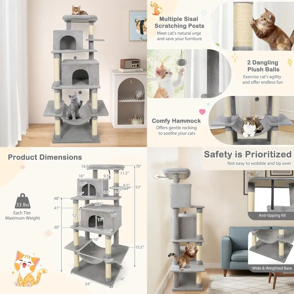 70 Inch Multi-Level Large Cat Tower with Sisal Posts, Plush Perch, 2 Condos, Hammock, 2 Balls for Indoor Cats (Light Grey)
70 Inch Multi-Level Large Cat Tower with Sisal Posts, Plush Perch, 2 Condos, Hammock, 2 Balls for Indoor Cats (Light Grey)