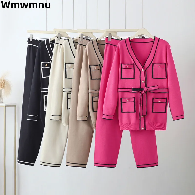 Elegant Casual Women Knitted Tow Piece Sets V-neck Sweater Cardigan Coats Tops Ensembles Korea Classic Wide Leg Pants Conjunto
Elegant Casual Women Knitted Tow Piece Sets V-neck Sweater Cardigan Coats Tops Ensembles Korea Classic Wide Leg Pants Conjunto