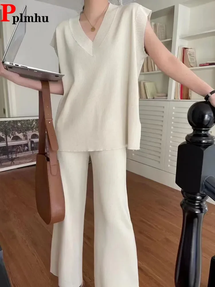 Loose Knitted 2 Pieces Sets Summer High Waist Wide Leg Pants Tracksuit Women V-neck Sleeveless Knitwears Pullover Tops Conjuntos
Loose Knitted 2 Pieces Sets Summer High Waist Wide Leg Pants Tracksuit Women V-neck Sleeveless Knitwears Pullover Tops Conjuntos