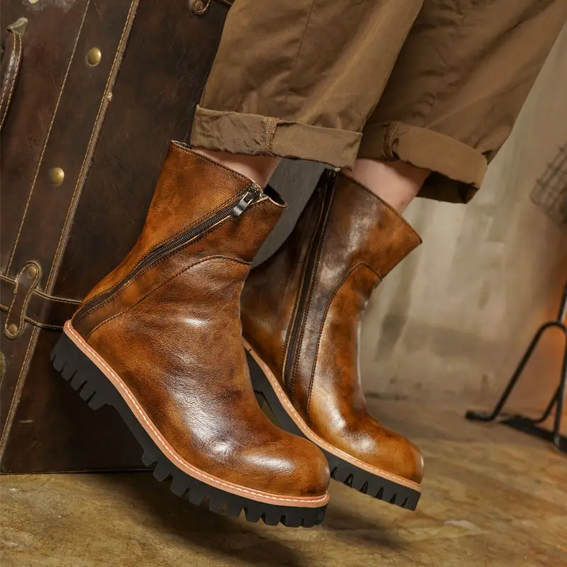 High Quality Handmade Retro Men Middle Tube Side Zipper British High-Top Platform Leather Short Tooling Motorcycle Shoes
High Quality Handmade Retro Men Middle Tube Side Zipper British High-Top Platform Leather Short Tooling Motorcycle Shoes