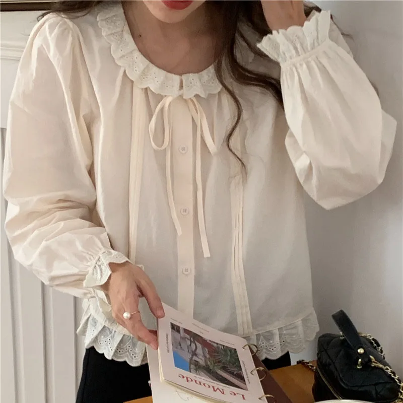 Chic Sweet Versatile Long Sve Lace Patchwork Women's irt Design Sense Minori Tie Single Button up Top Korean Sle
Chic Sweet Versatile Long Sve Lace Patchwork Women's irt Design Sense Minori Tie Single Button up Top Korean Sle